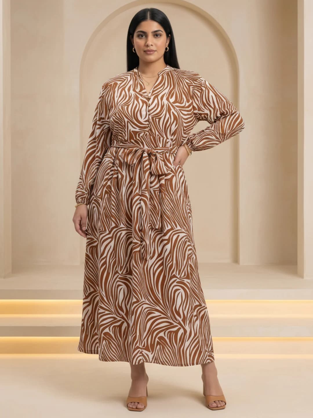 Women's Gloplus Brown Abstract Print Mandarin Collar Raglan Sleeves Belted Detail Fit and Flare Plus Size Maxi Dress