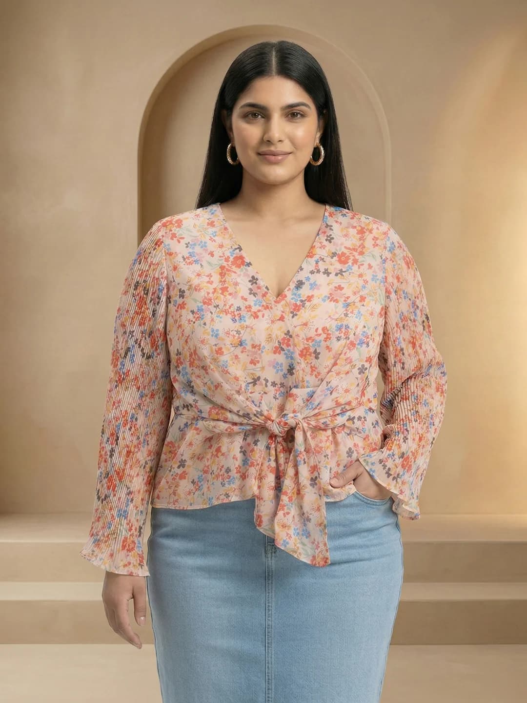 Women's Gloplus Multicolor Casual Floral Regular Fit V-Neck Top