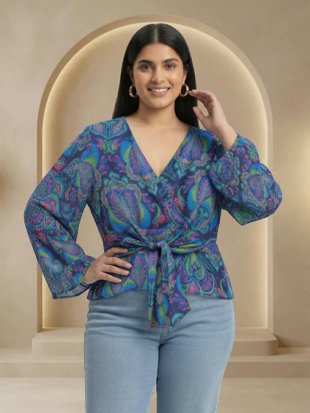 Women's Gloplus Blue Casual Printed Regular Fit V-Neck Top