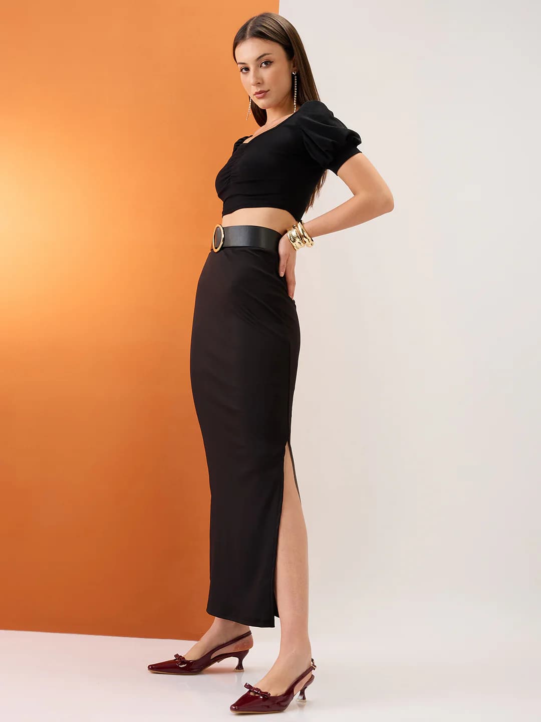 Women's Black Casual Solid Pencil High Rise Side Slit Skirt
