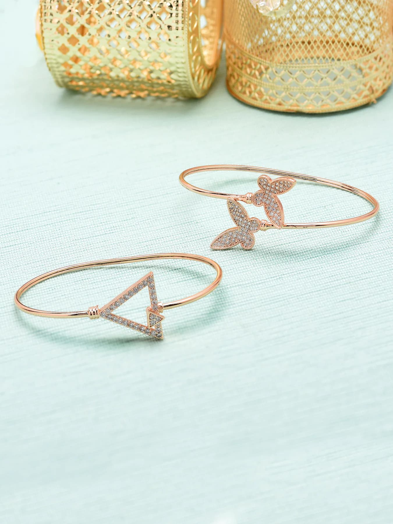 Women's Rose Gold Dazzling Cubic Zirconia Brass Kada Bracelets - Pack of 2