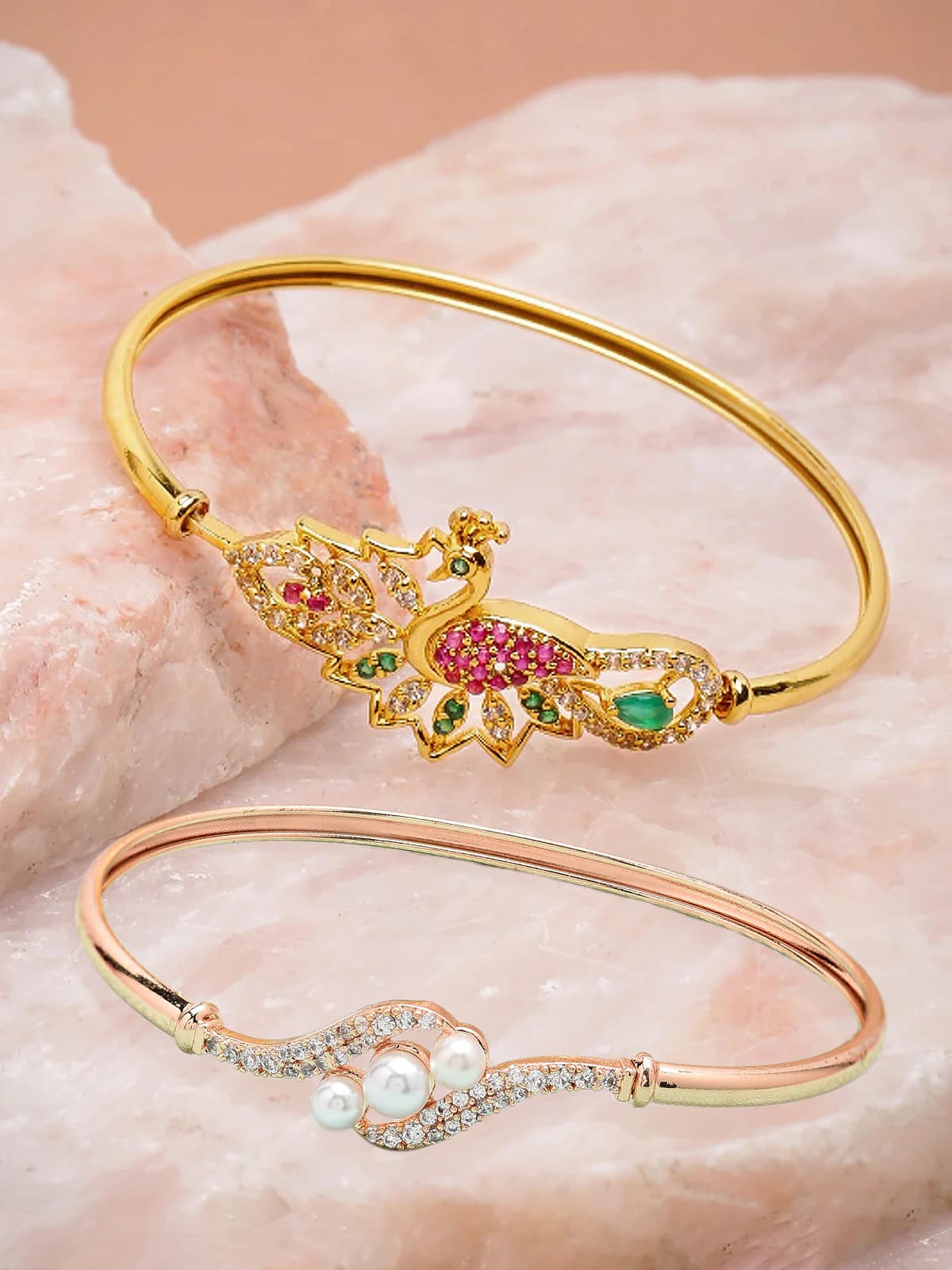 Women's Multicolor Contemporary Cubic Zirconia Brass Kada Bracelets - Pack of 2
