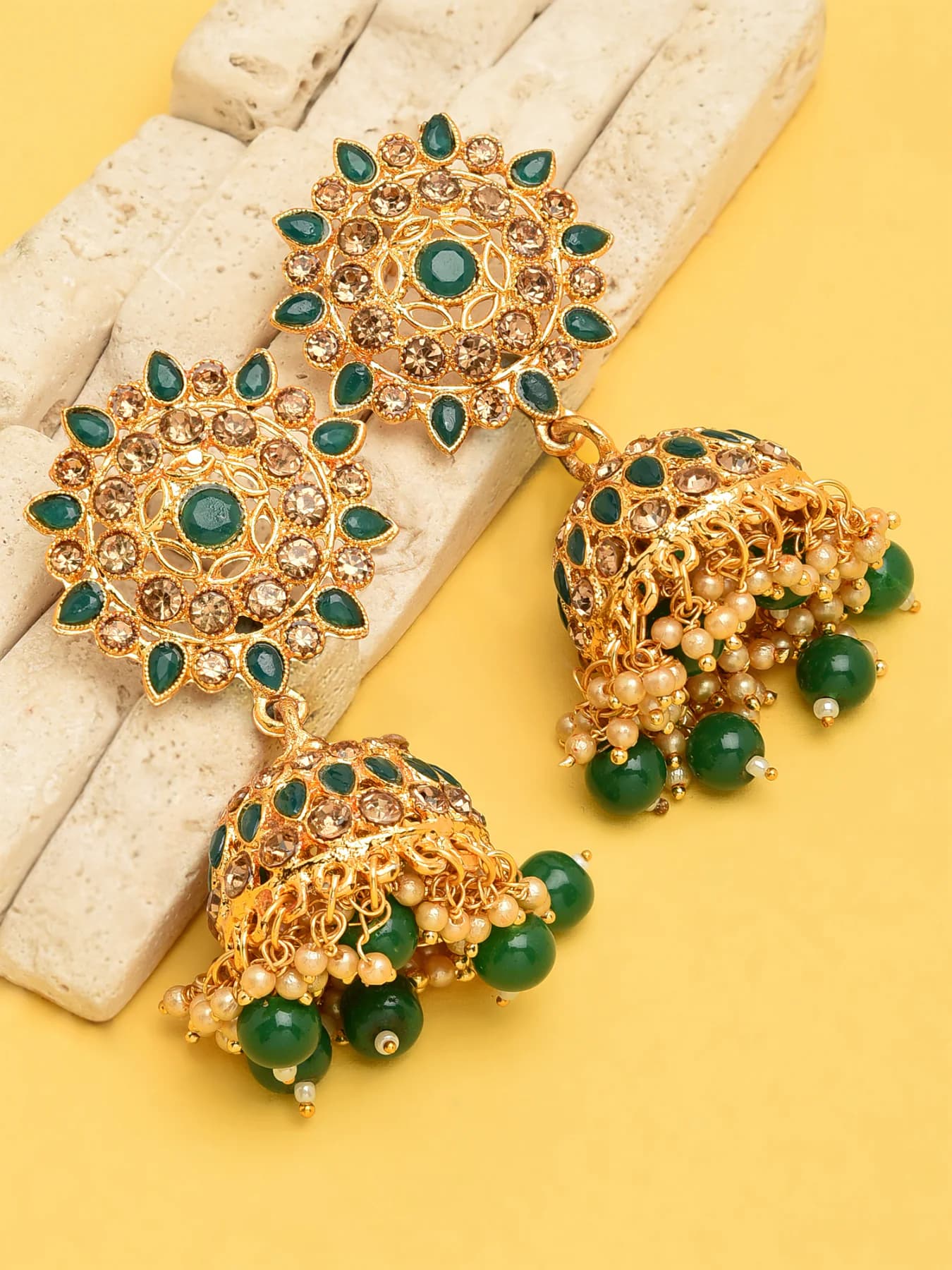 Women's Green Stone and Beads Embellished Traditional Jhumka Earring