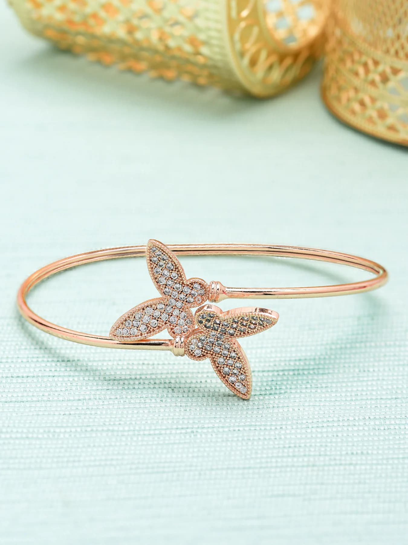 Women's Rose Gold Cubic Zirconia Butterfly Contemporary Brass Kada Bracelet