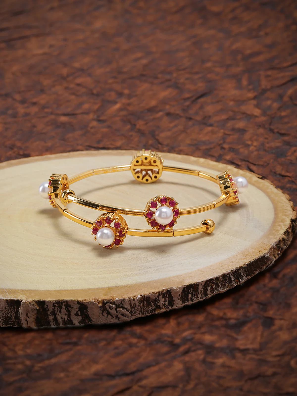 Women's Pink Dazzling Cubic Zirconia and Pearls Studded Wrap Around Bracelet