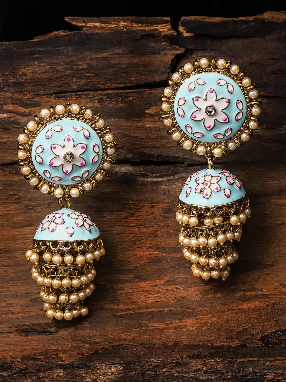 Women's Blue and Pink Meenakari Traditional Layered Jhumka Earring