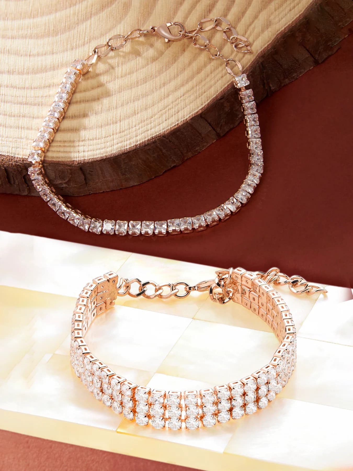 Women's Rose Gold Cubic Zirconia Contemporary Tennis Bracelets - Pack of 2