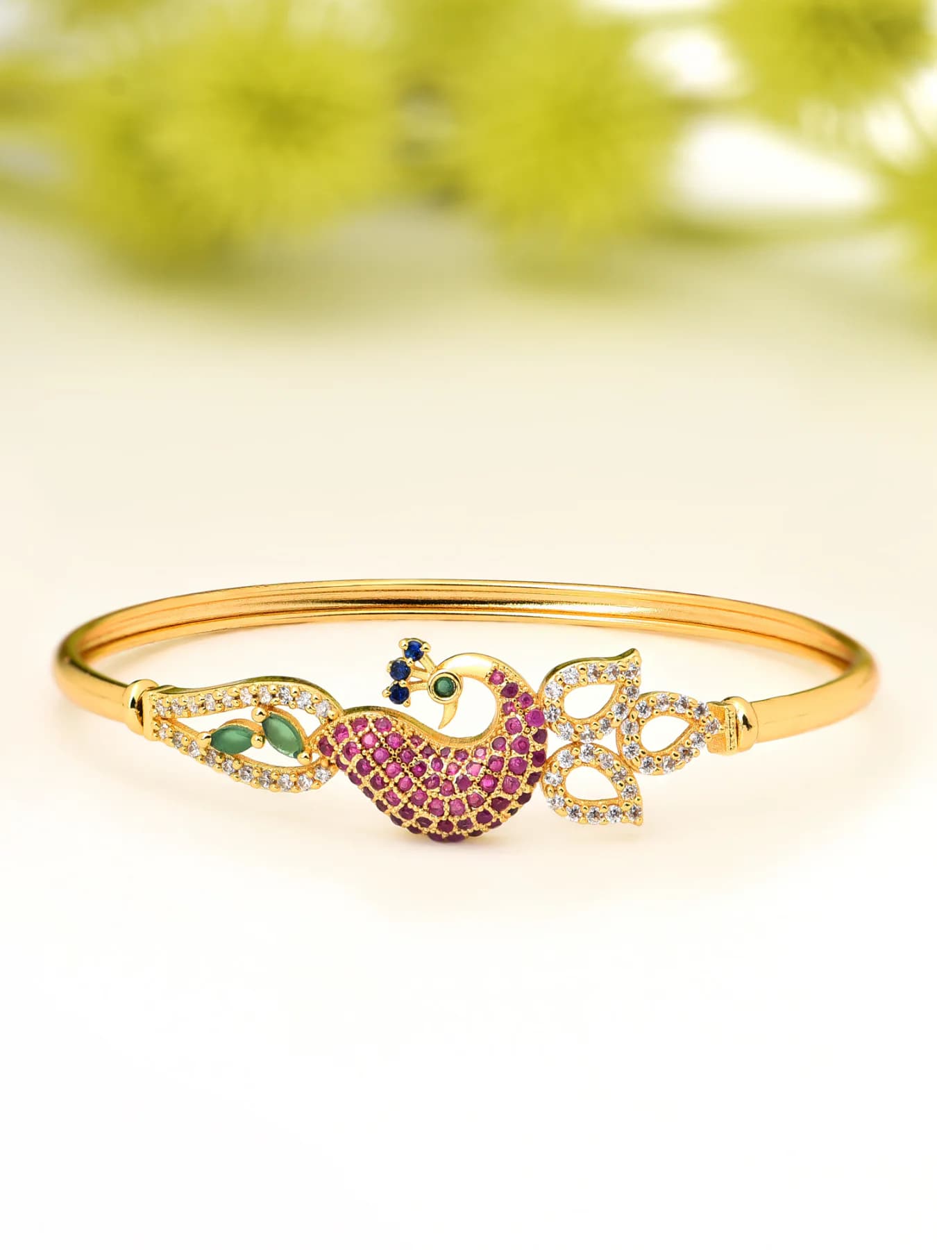 Women's Pink and Green Cubic Zirconia Peacock Inspired Brass Kada Bracelet