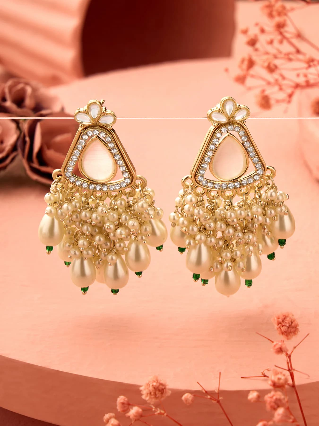 Women's Gold Tone Stone Cluster Beads and Austrian Diamonds Embellished Drop Earrings