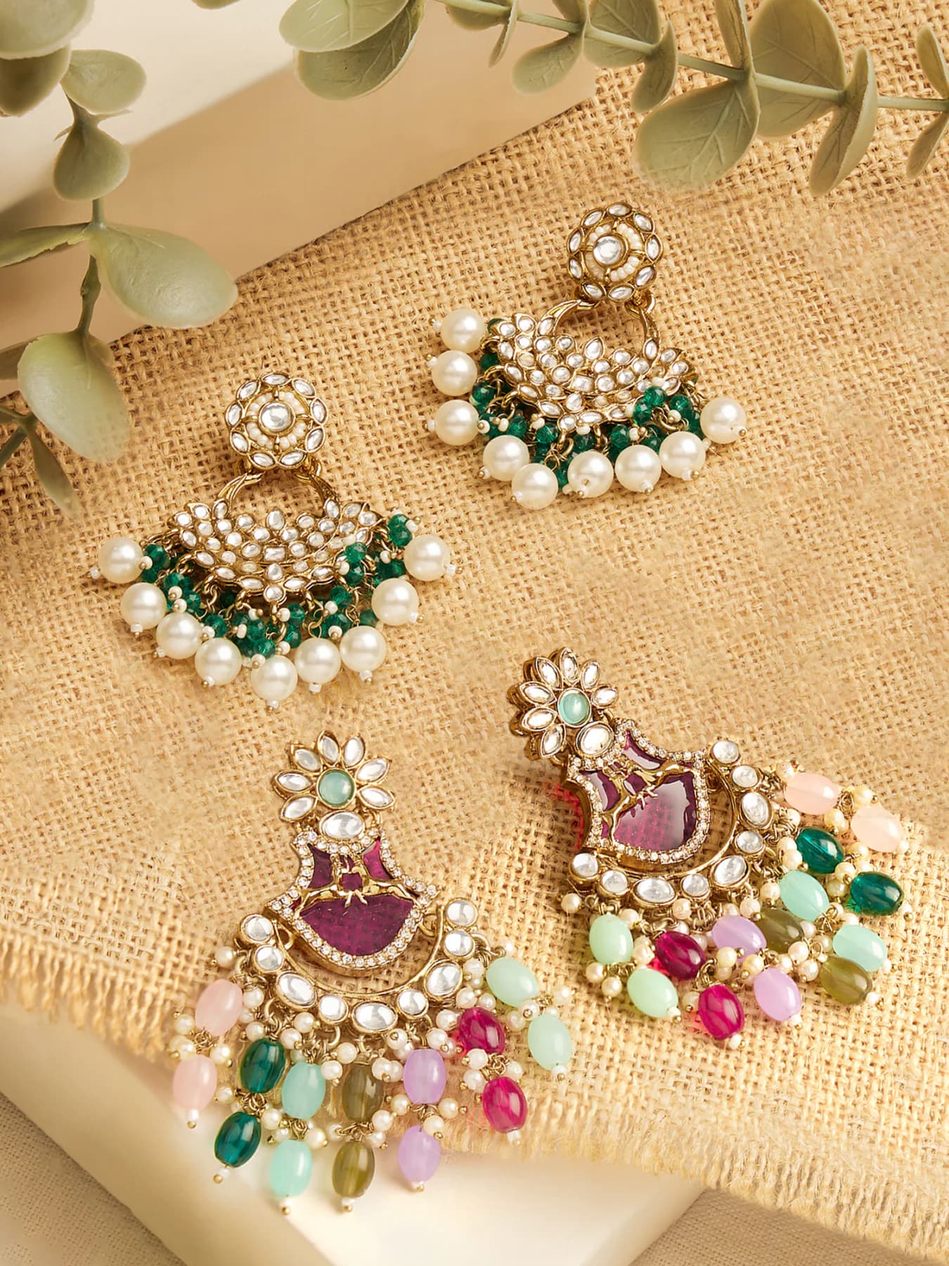 Women's Multicolor Dazzling Stones Beads Drop Statement Dangle Earrings - Pack of 2