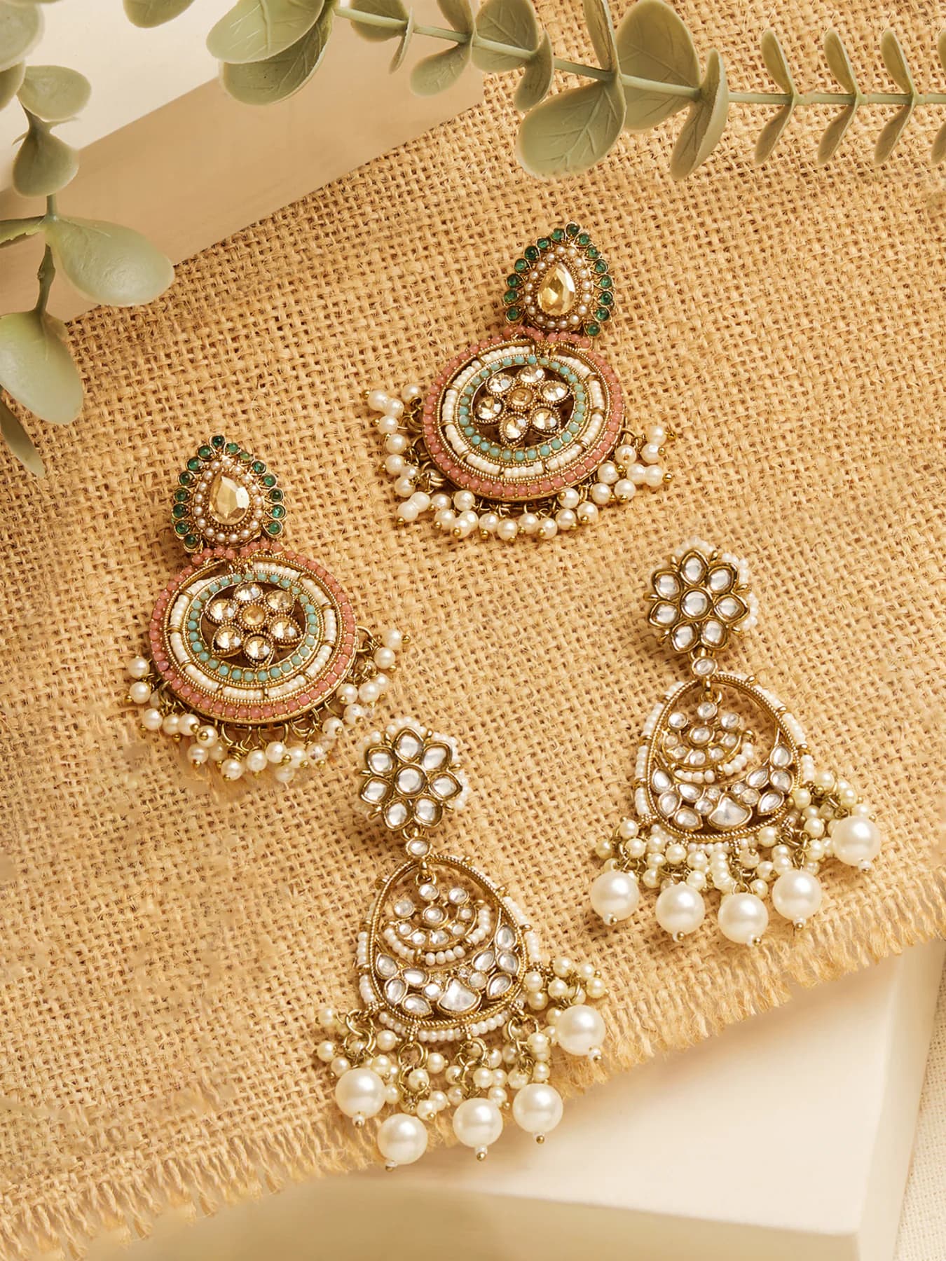 Women's Multicolor Beads Embellished Dazzling Stones Traditional Dangle Earrings - Pack of 2