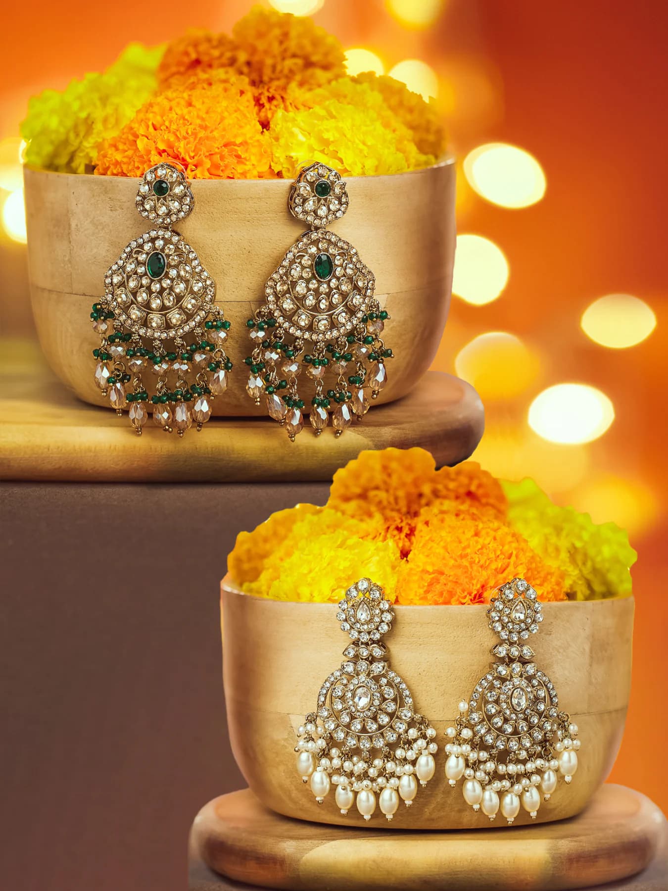 Women's Green Dazzling Stones and Cluster Beads Drop Dangler Earrings - Pack of 2