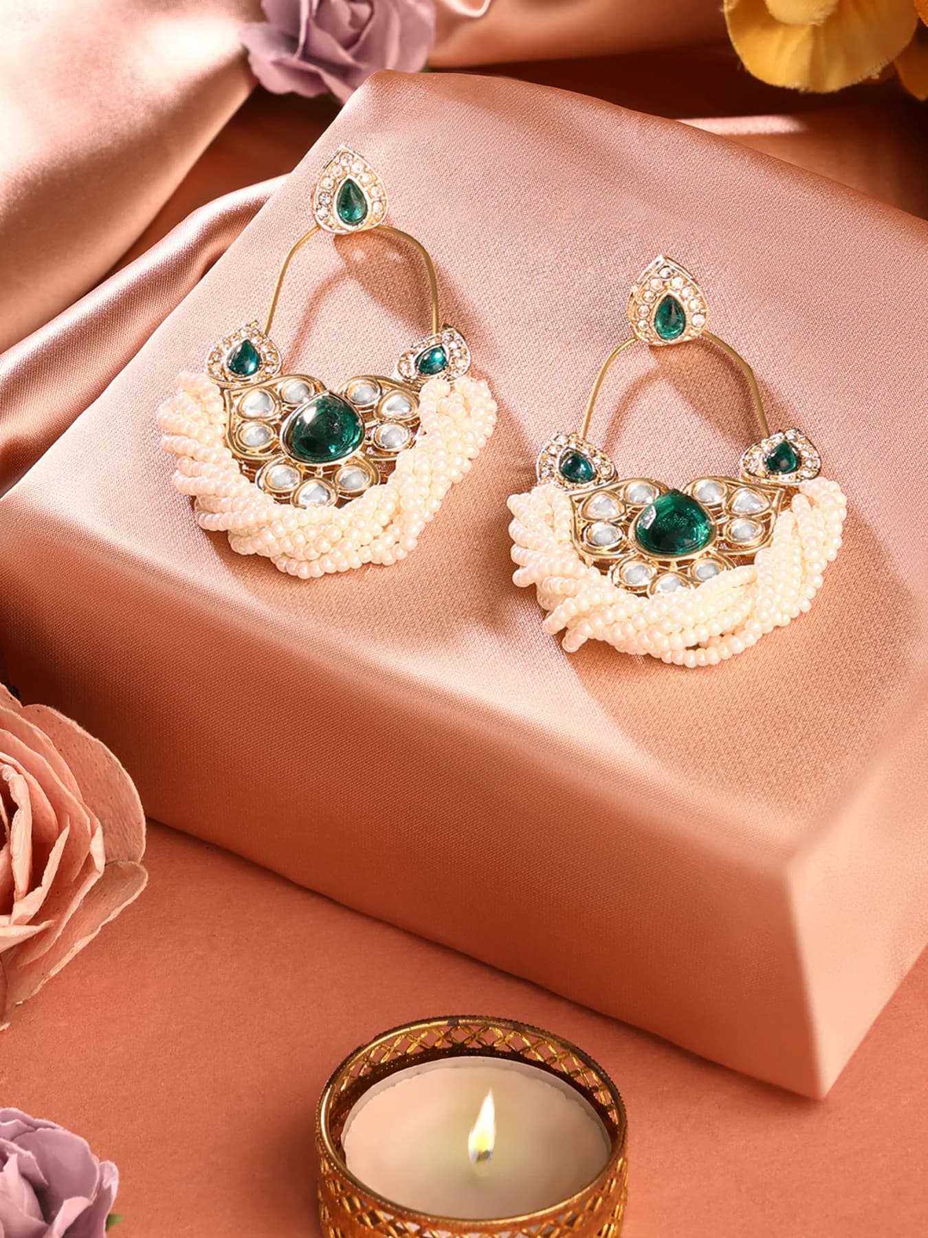 Women's Green Stones Multistrand Beaded Traditional Kundan Dangle Earring