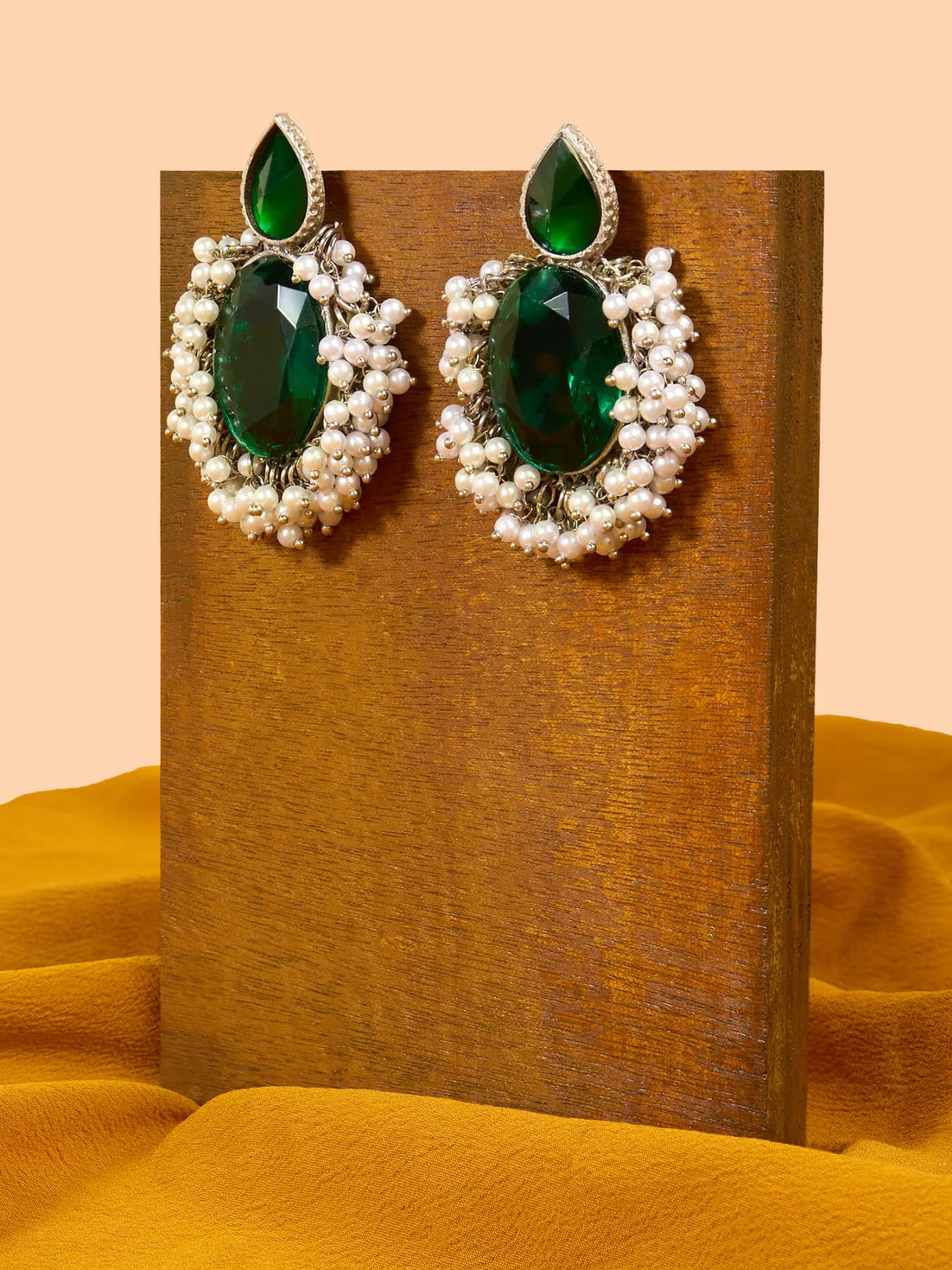Women's Green Dazzling Stones Cluster Beads Silver Plated Fusion Drop Earring