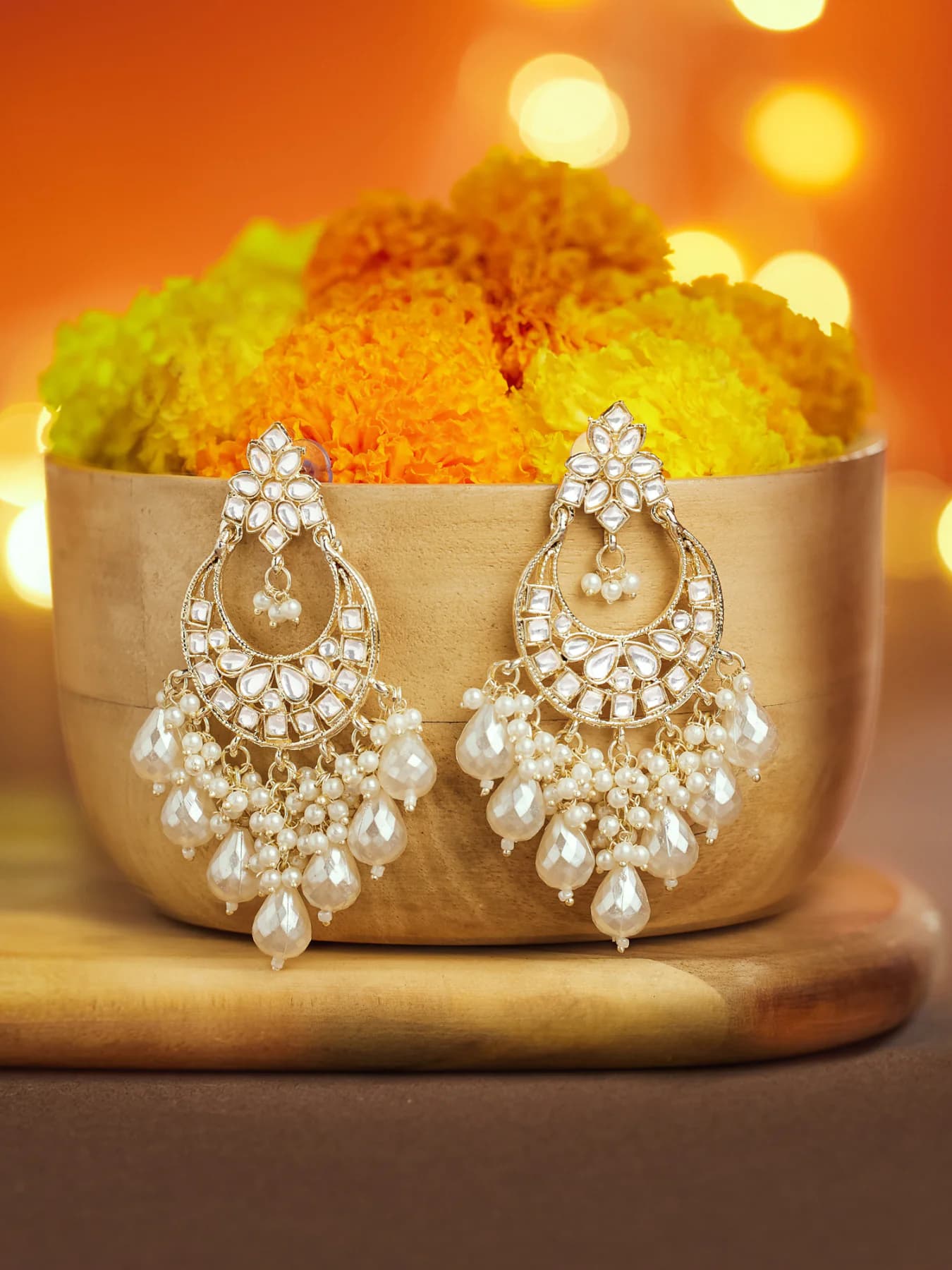 Women's Gold Tone Dazzling Stones and Cluster Beads Drop Ethnic Dangler Earring