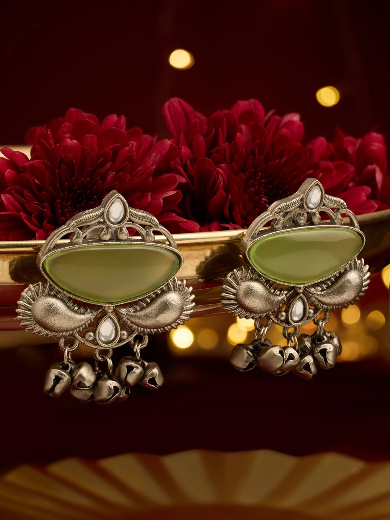 Women's Green Stone Fusion Wear Antique Oxidised Drop Earring
