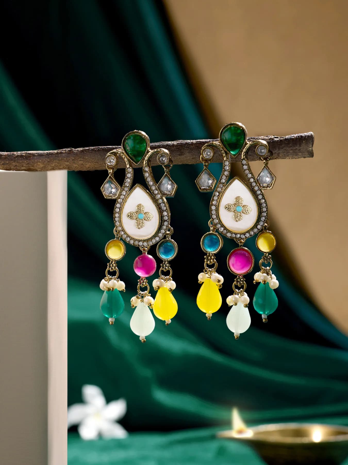 Women's Multicolor Stones Beads Traditional Austrian Diamonds Drop Earring
