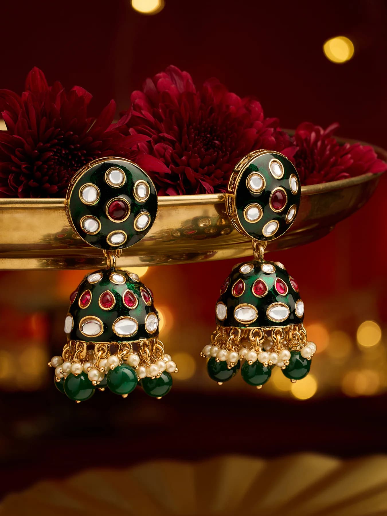 Women's Green Meenakari Dazzling Pink Stones Beads Drop Traditional Jhumka Earring