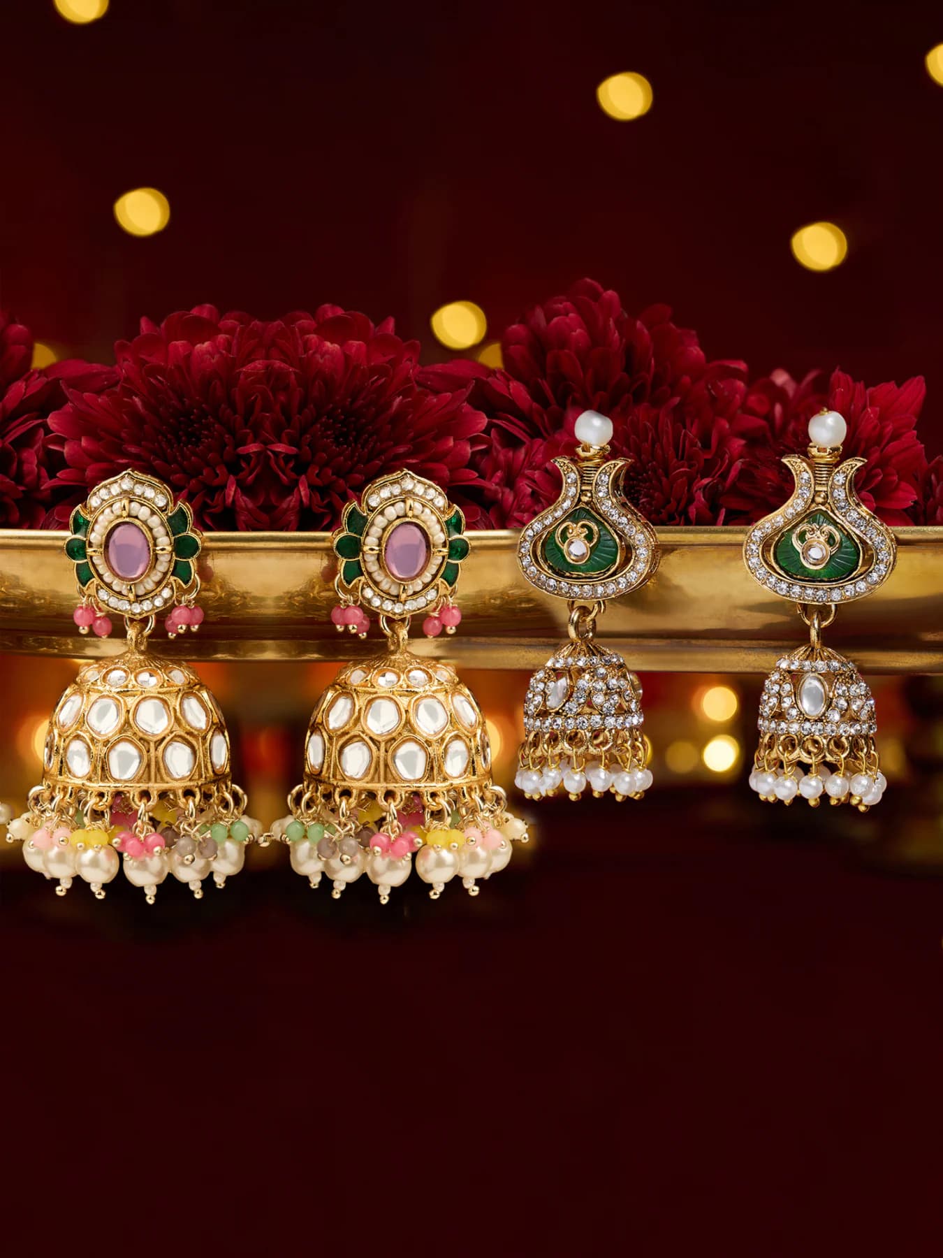 Women's Multicolor Stones Beads Austrian Diamonds Jhumka Earrings - Pack of 2