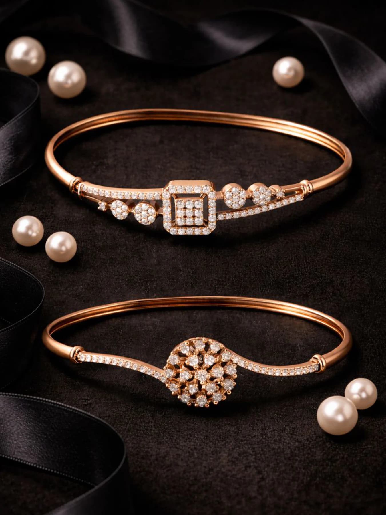 Women's Rose Gold Dazzling Cubic Zirconia Contemporary Brass Kada Bracelets - Pack of 2