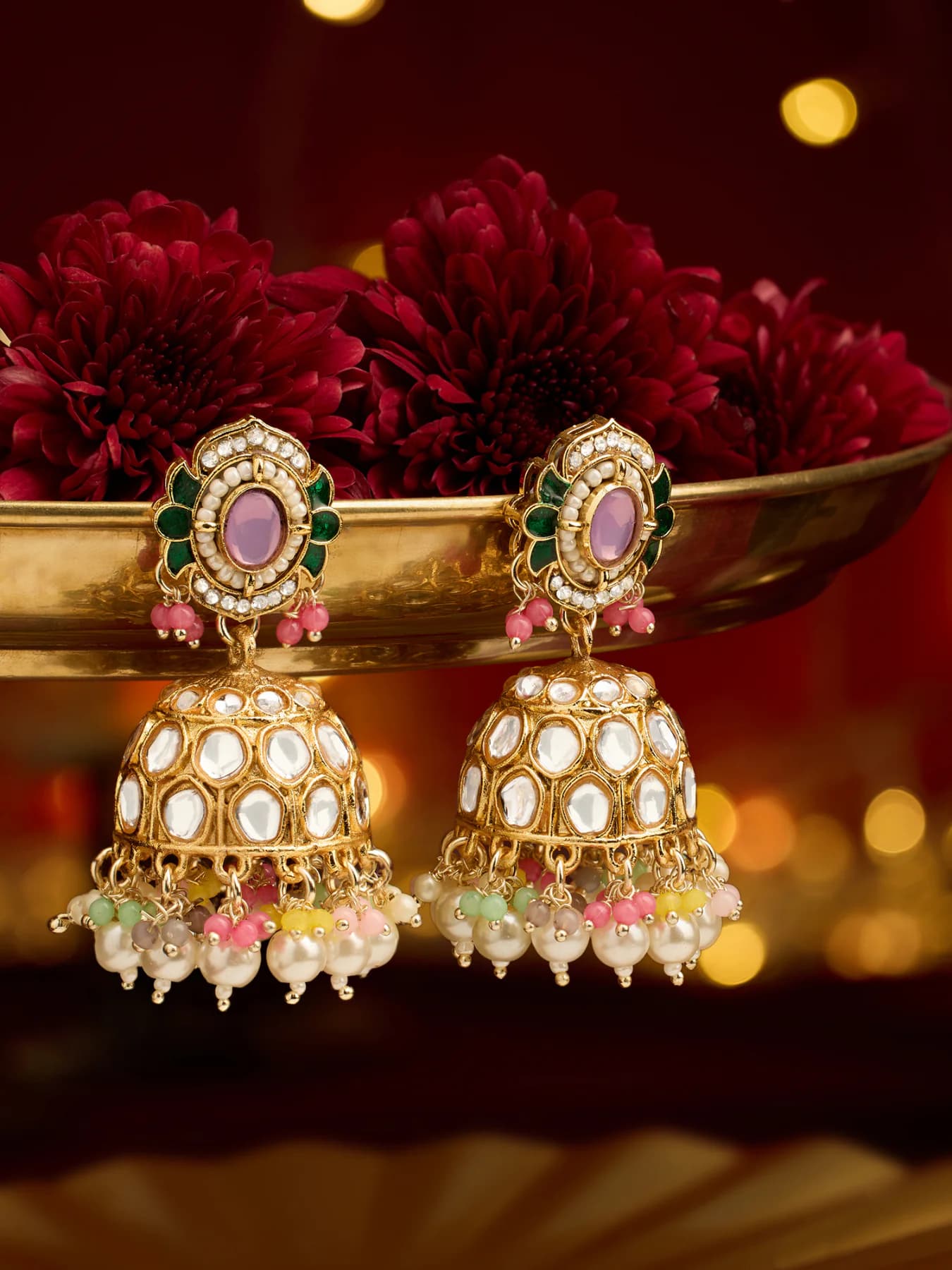 Women's Multicolor Stones Beads Traditional Kundan Jhumka Earring