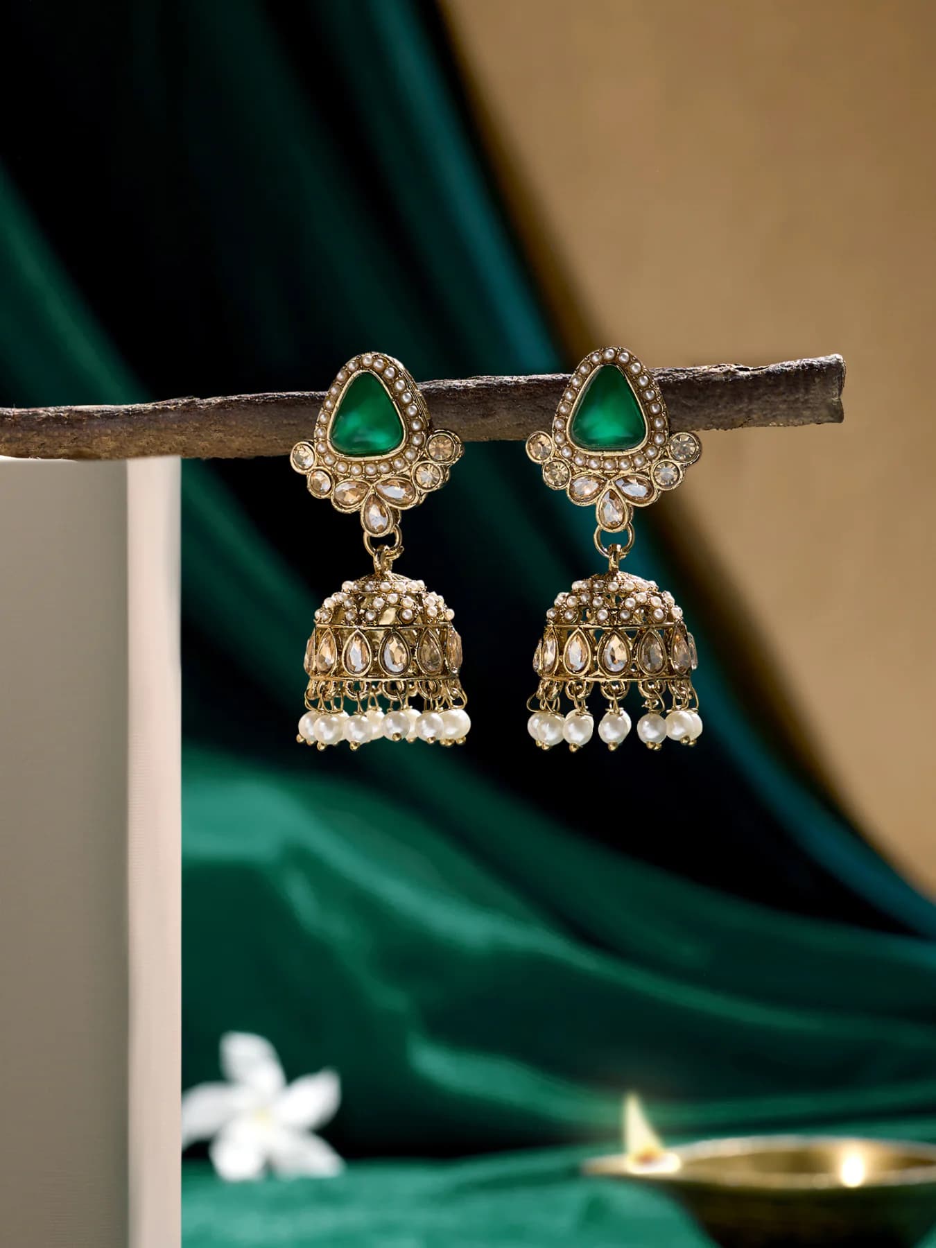 Women's Green Stones Beads Embellished Antique Plating Jhumka Earring