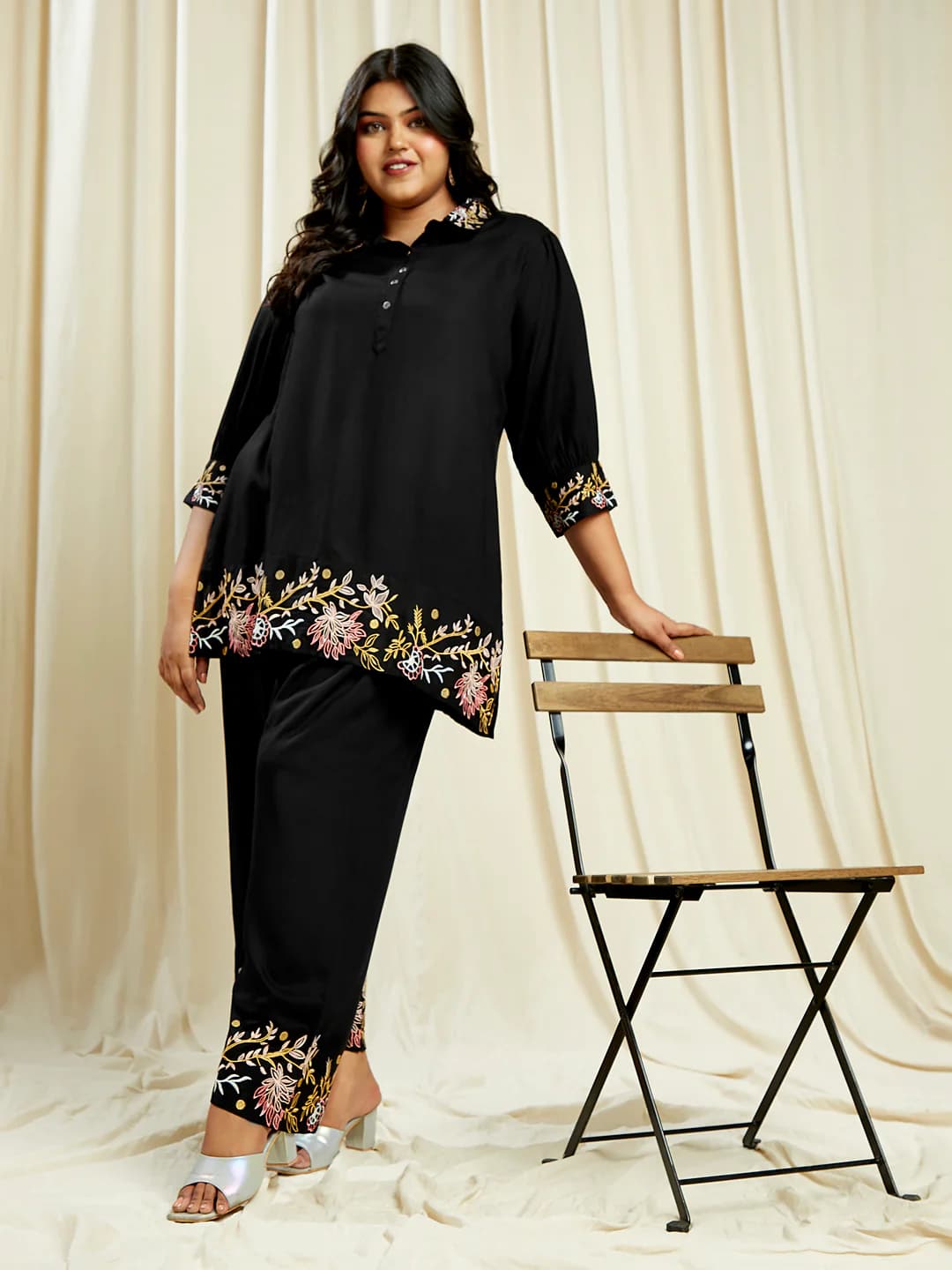 Women's Gloplus Black Embroidered Detail Shirt Style Tunic with Wide Leg Trousers Plus Size Fusion Co-Ord Set