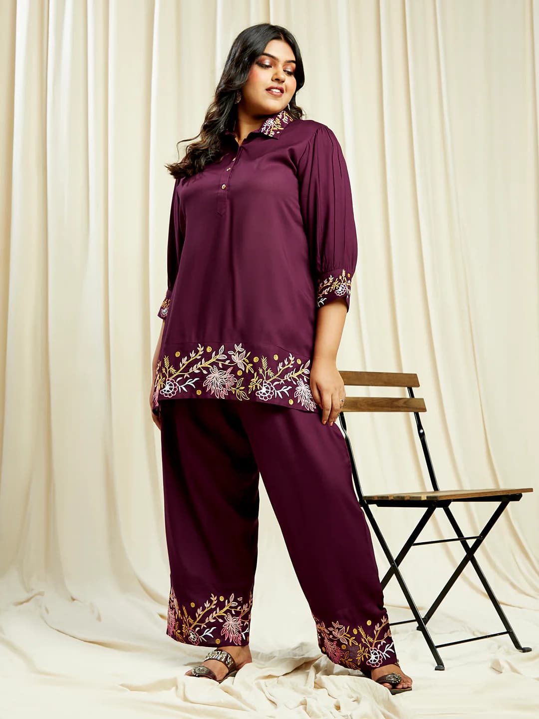 Women's Gloplus Purple Embroidered Detail Shirt Style Tunic with Wide Leg Trousers Plus Size Fusion Co-Ord Set