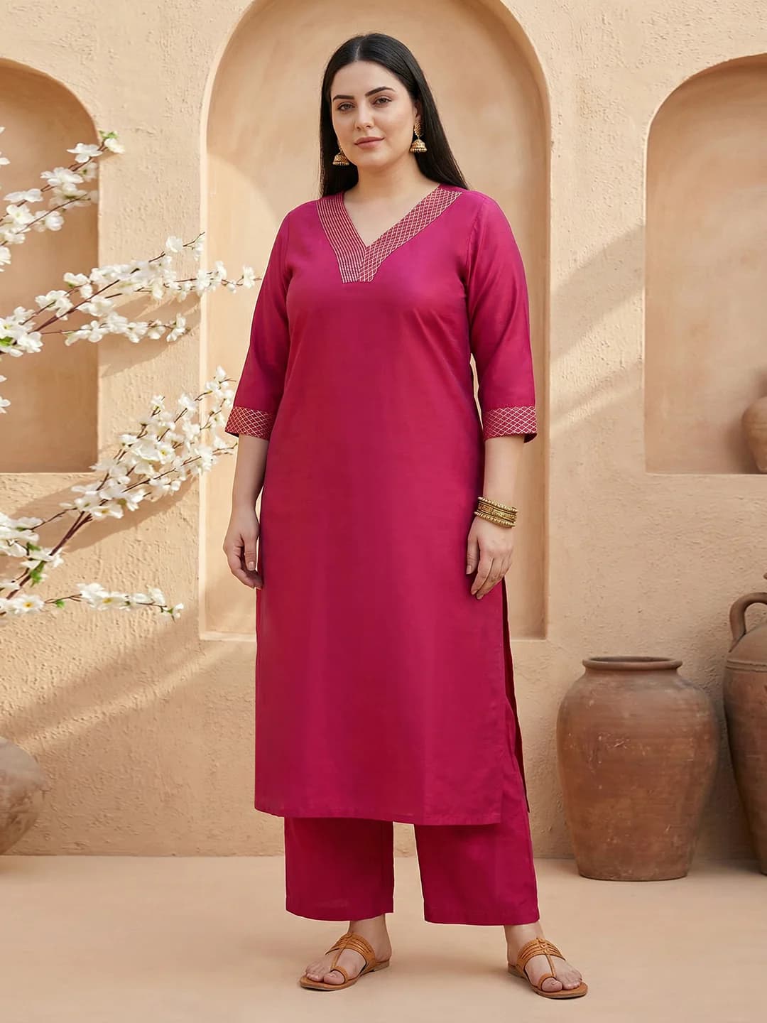 Women's Gloplus Pink Zari Embroidered V-Neck Straight Plus Size Kurta with Wide Leg Trouser Workwear Set