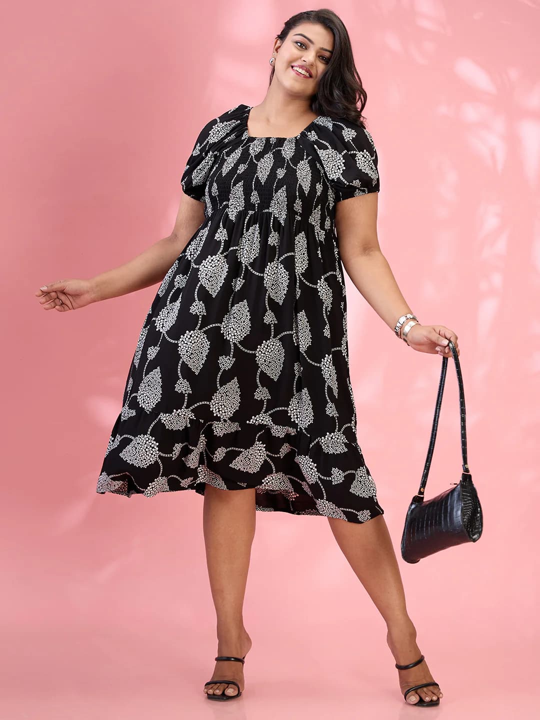 Women's Gloplus Black Square Neck Puff Sleeves Floral Print Smocked Tiered Plus Size Fit and Flare Midi Dress