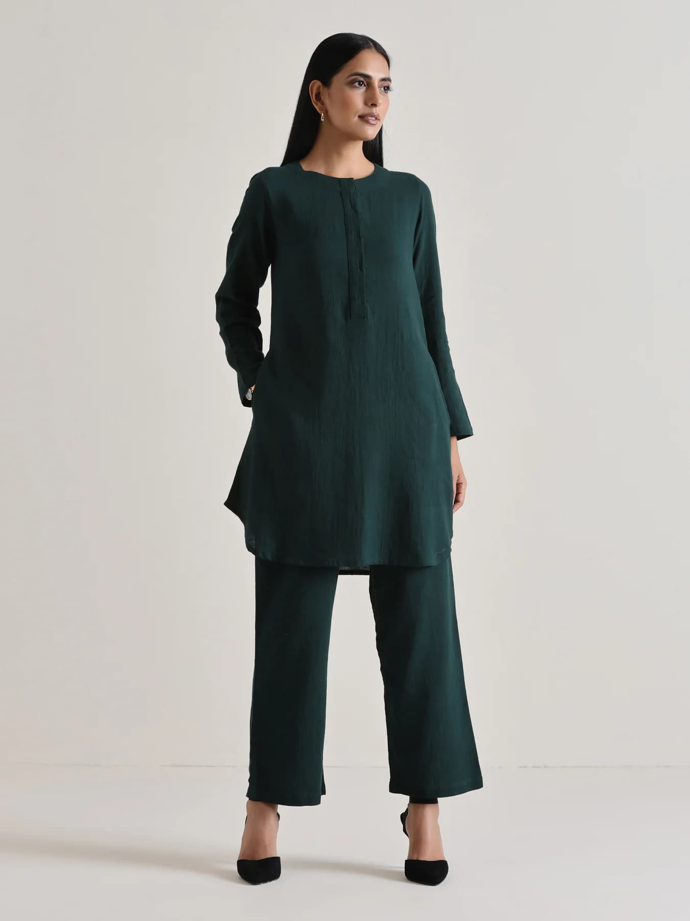 Women's Green Casual Regular Fit Solid Three Quarter Sleeves Cotton Plus Size Co-ords Set