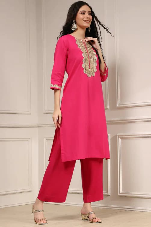 Women's Pink Casual Three Quarter Sleeves Cotton Straight Kurta