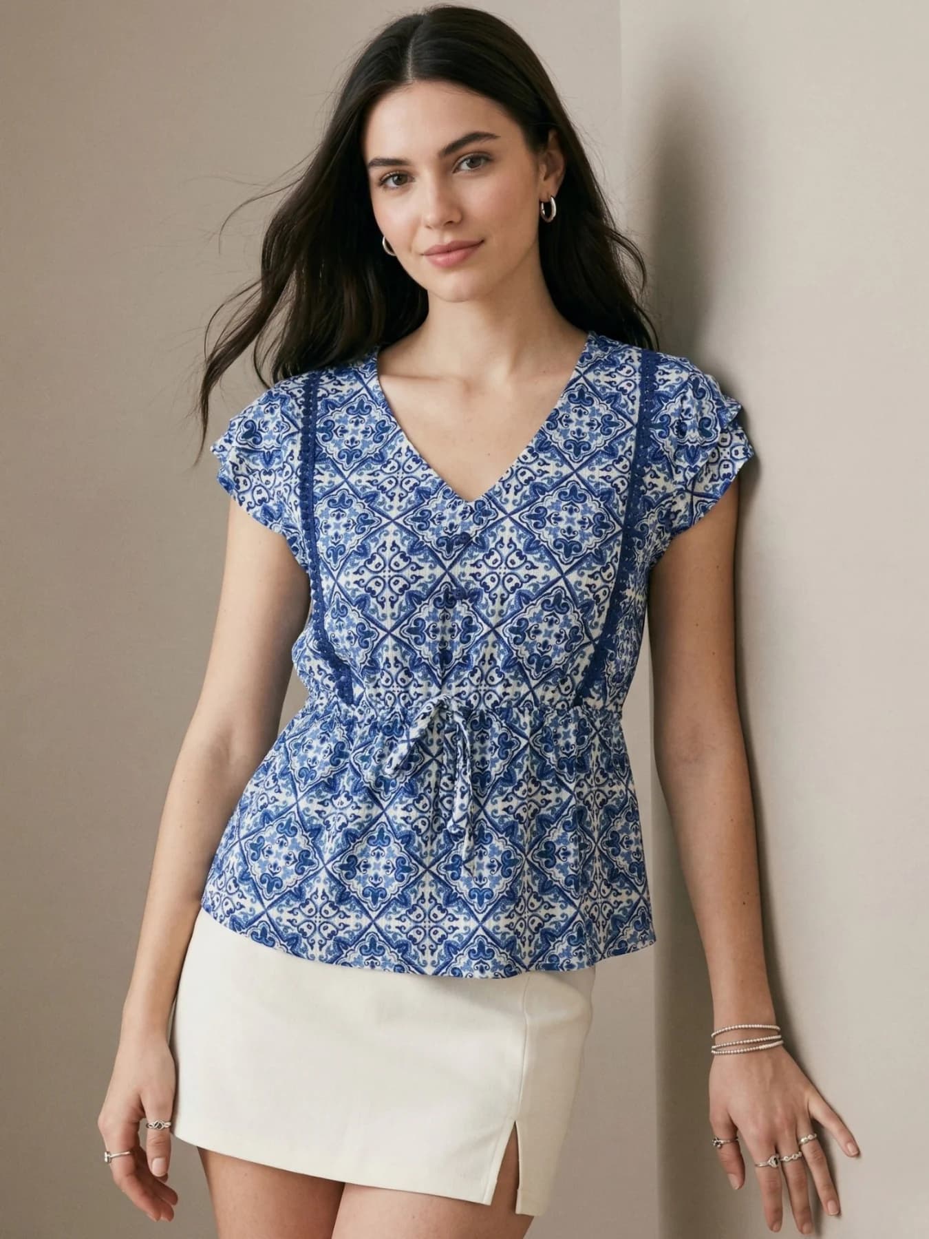 Women's Blue Floral V-Neck Print Top