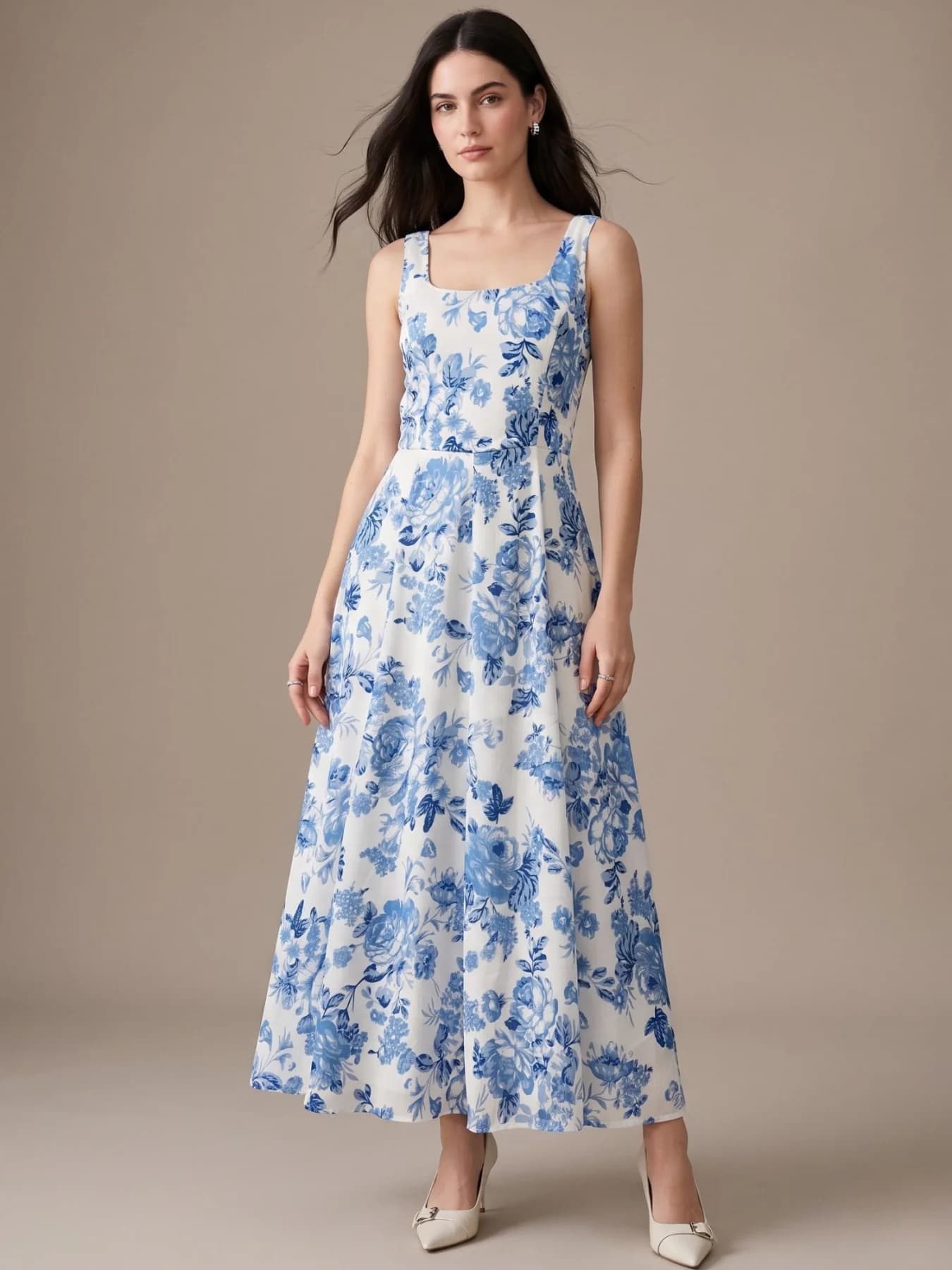 Women's Blue Maxi Length Printed Dress In Jacquard Satin Fabric