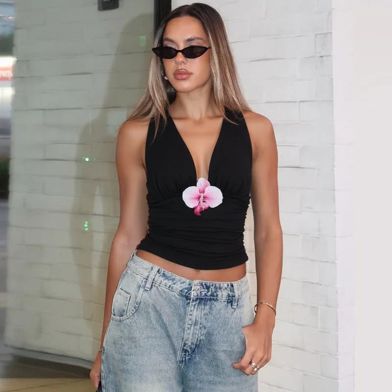 Women's Black Deep V Ruched Tank Top