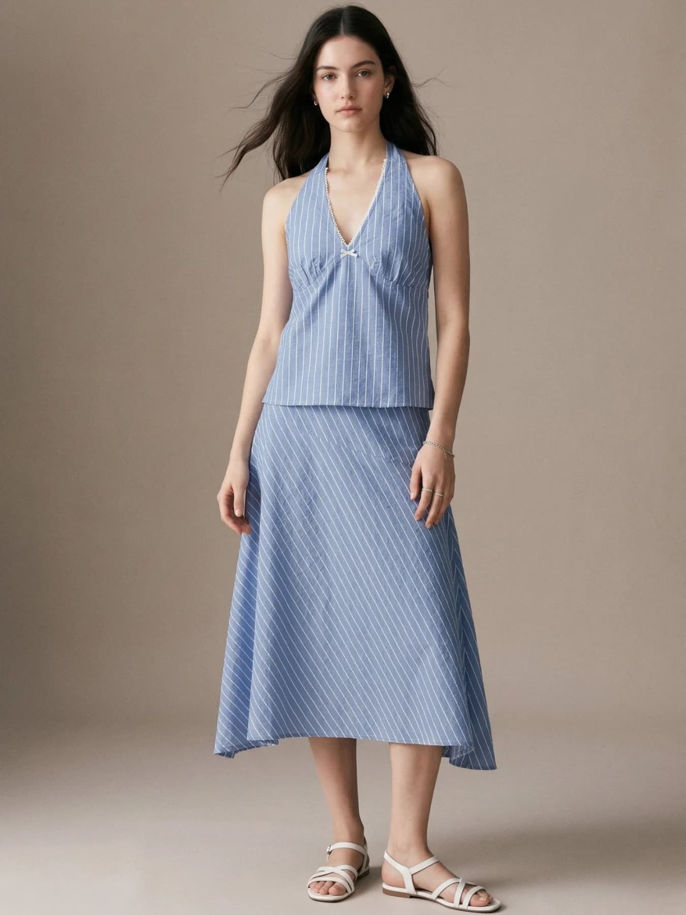 Women's Blue Halter Neck Blouse with Hankerchief Hem Skirt Co-ord Set