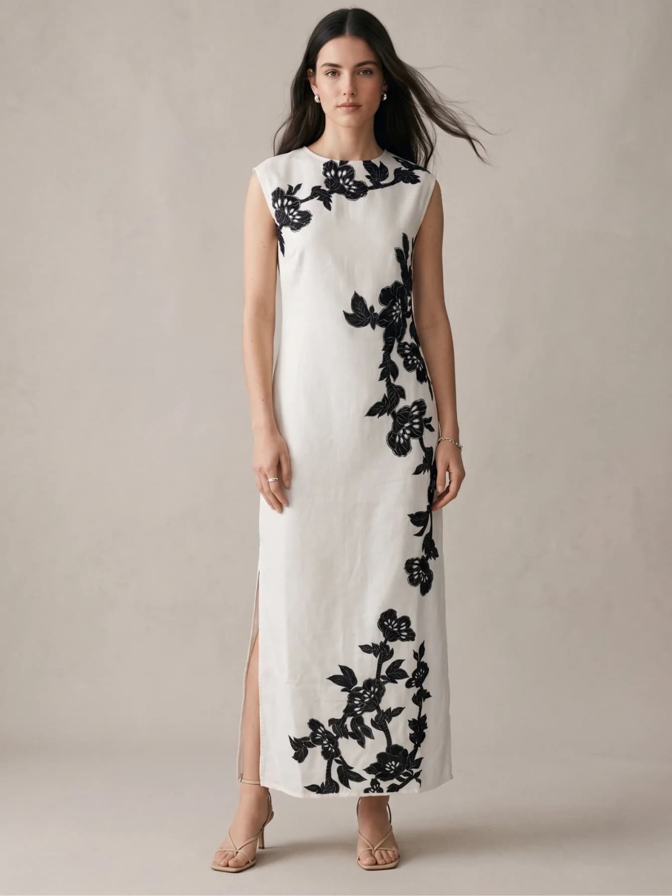 Women's Off White Maxi Length Placement Print Dress with Slit