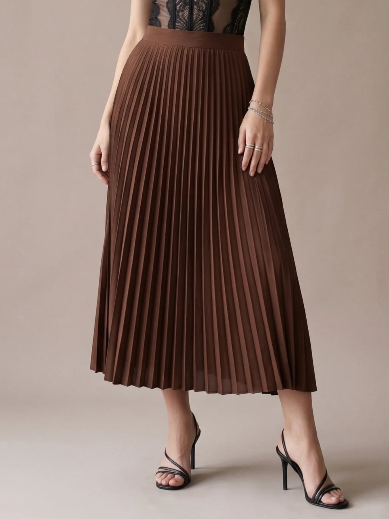Women's Brown Casual Flowy Pleated Skirt