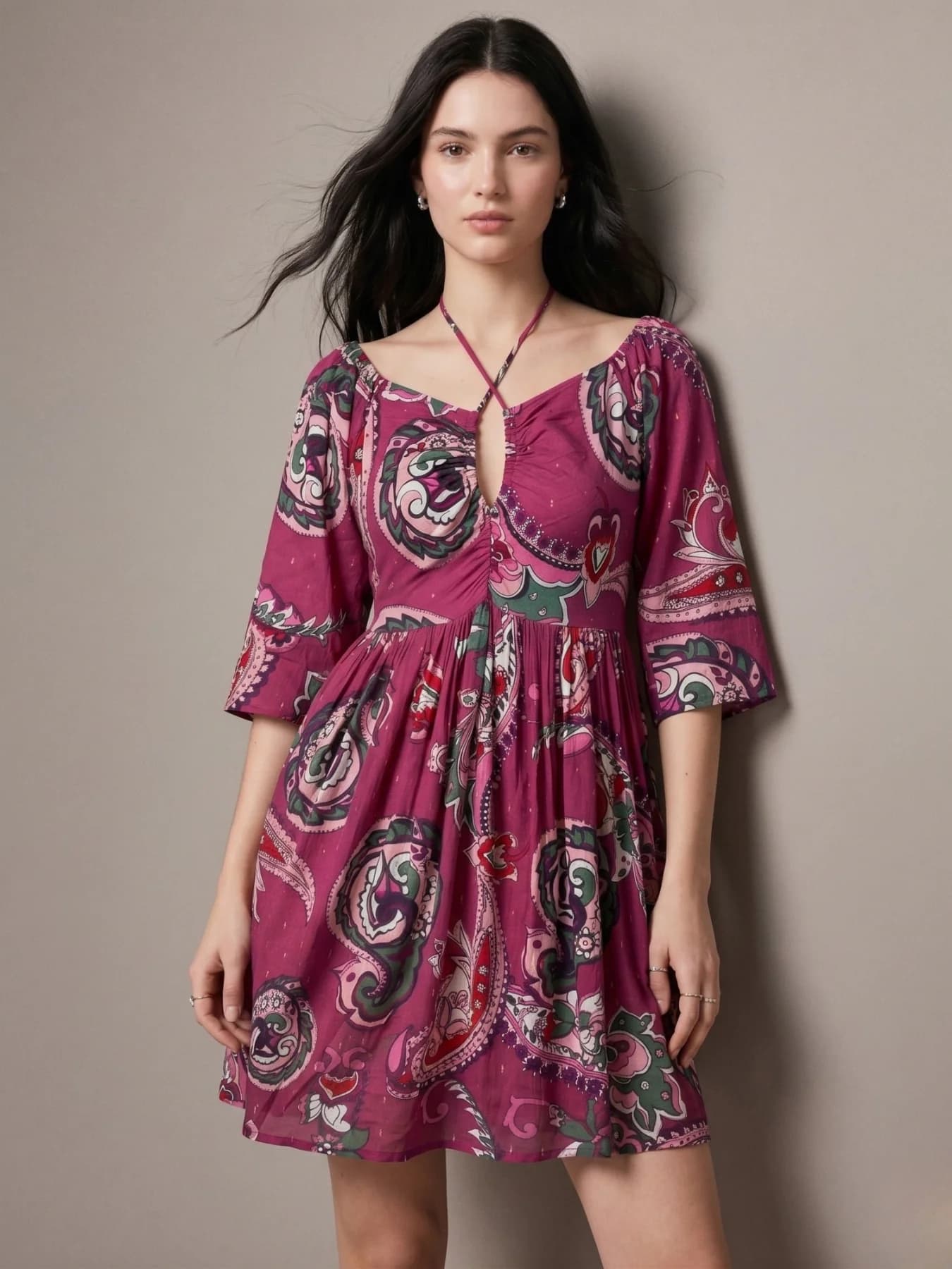 Women's Purple Mini Printed Lurex Dress with Necktie Details