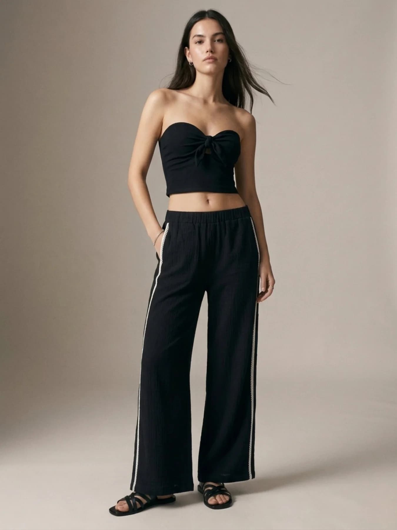 Women's Black Stripe Embroidered Cotton Trouser