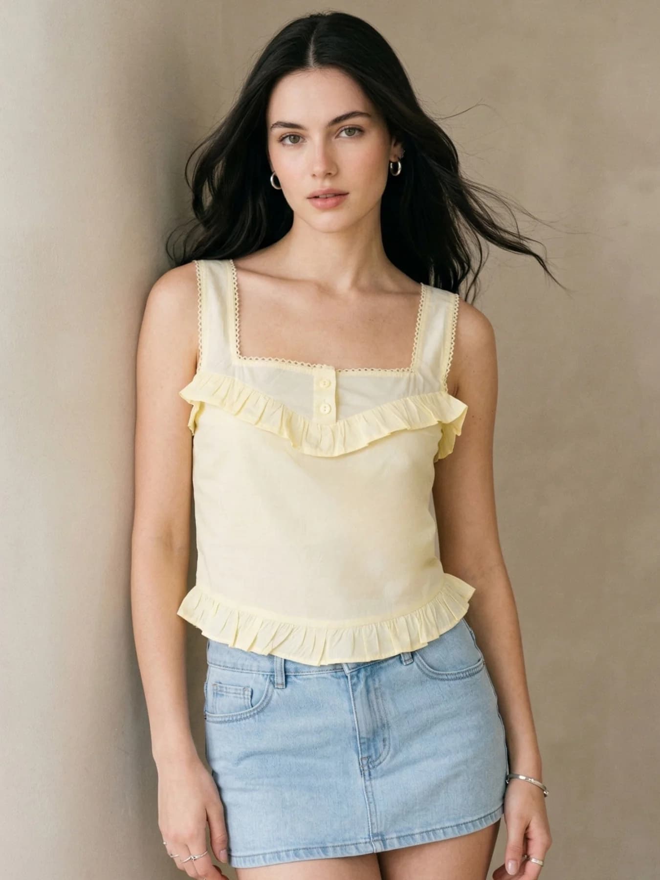 Women's Yellow Square Neck Frill Crop Top