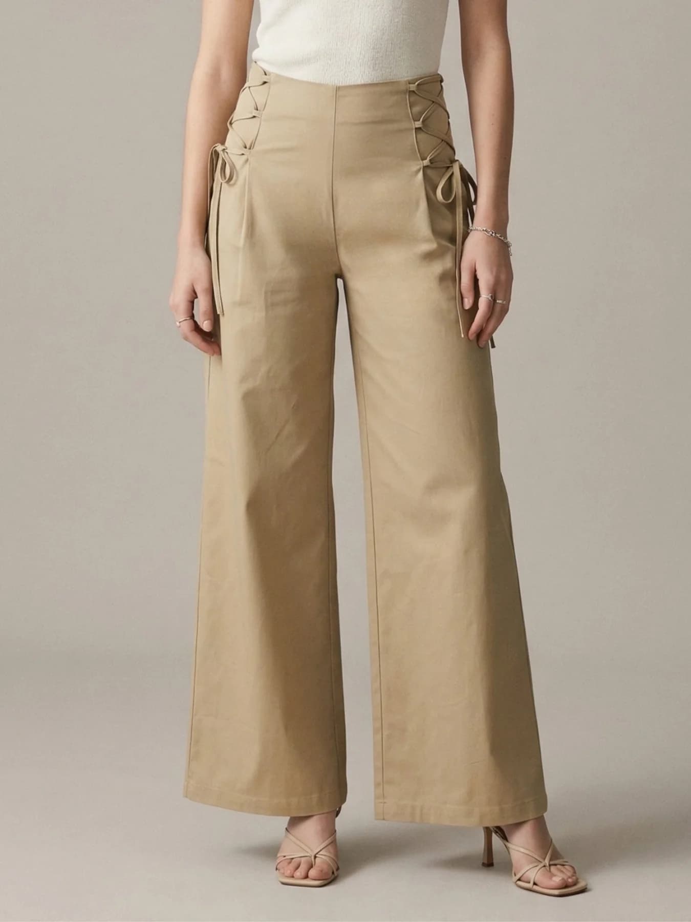 Women's Beige High Waist Side Tie Wide Leg Trouser