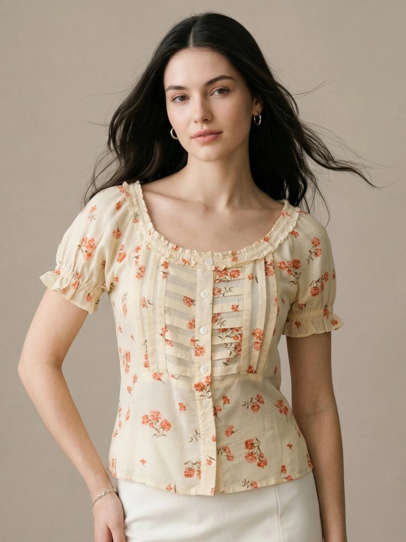 Women's Yellow Printed Square Neck Pleated Puff Top