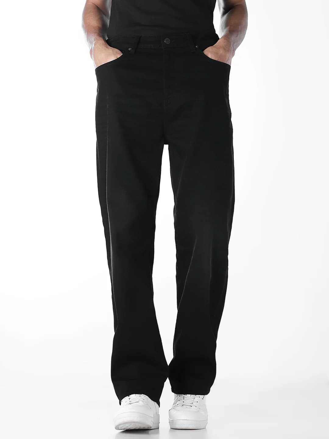 Men's Black Casual Baggy Fit Solid Low Rise Jeans