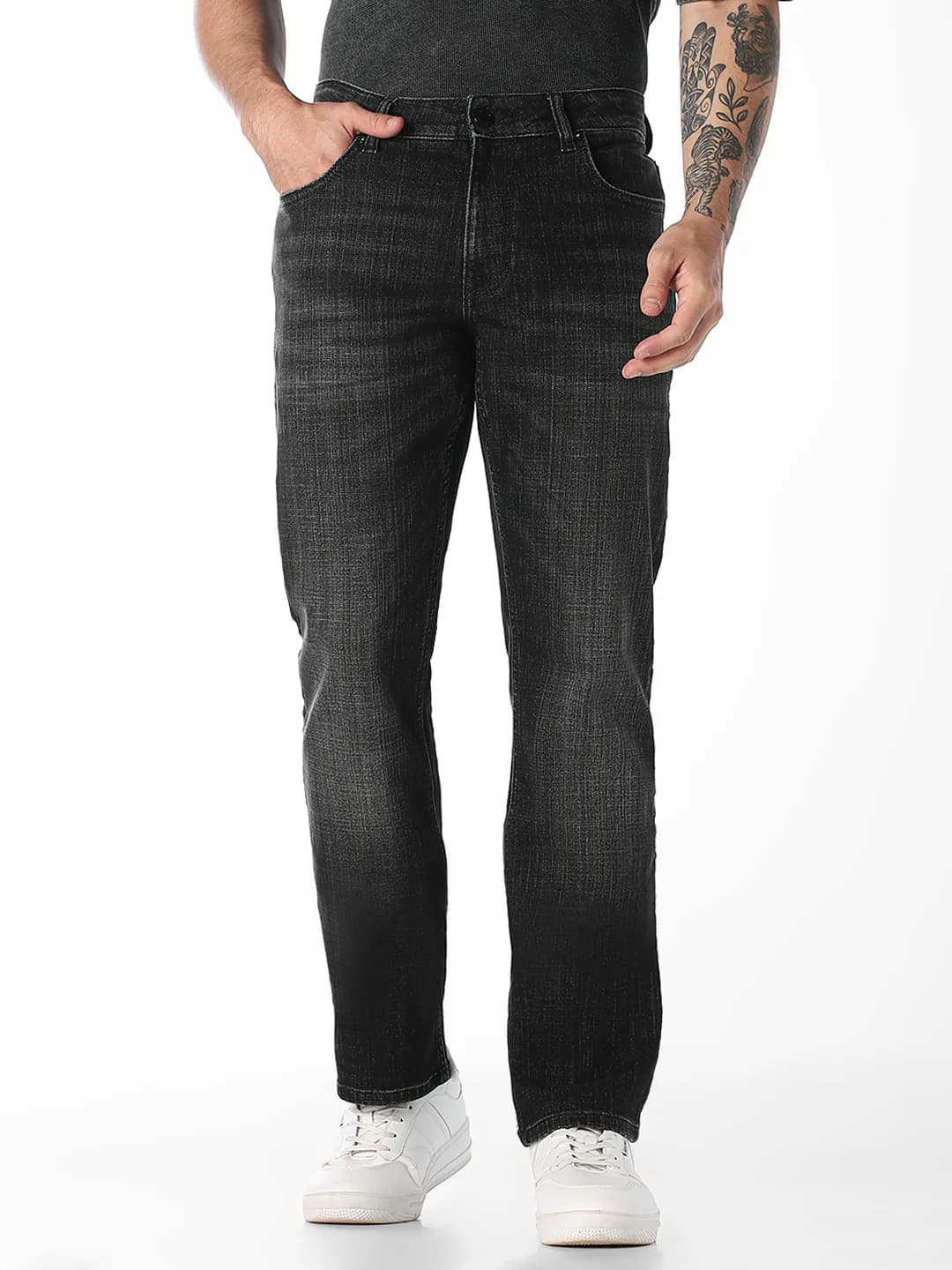 Men's Black Casual Straight Fit Solid Low Rise Jeans