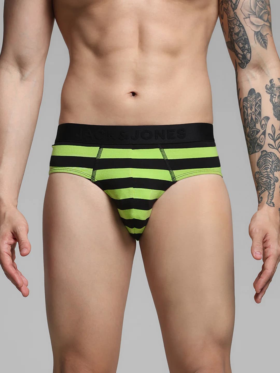 Men's Green Casual Regular Fit Striped Brief