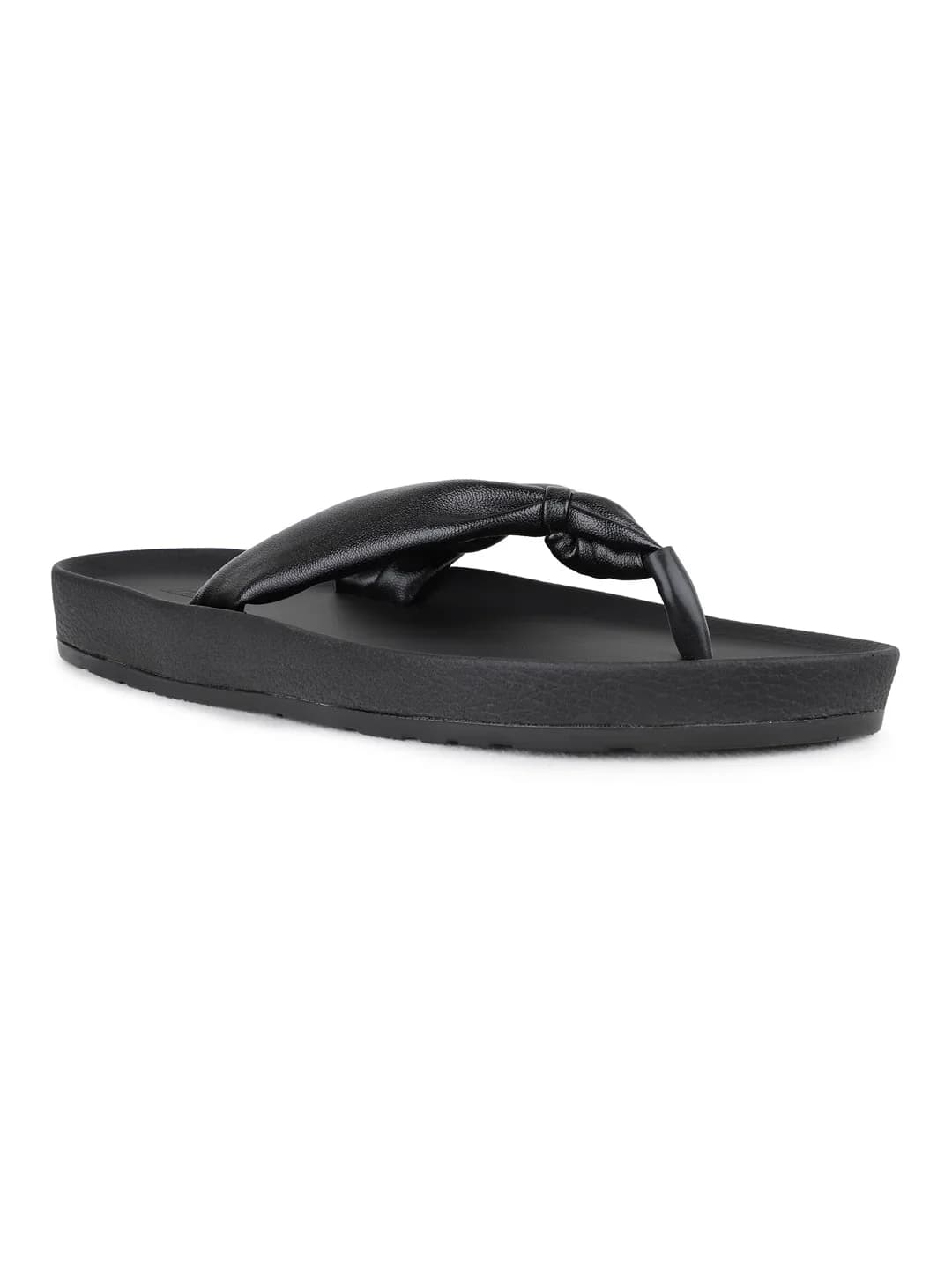 Women's Black Casual Round Toe Solid T-Strap Sandals