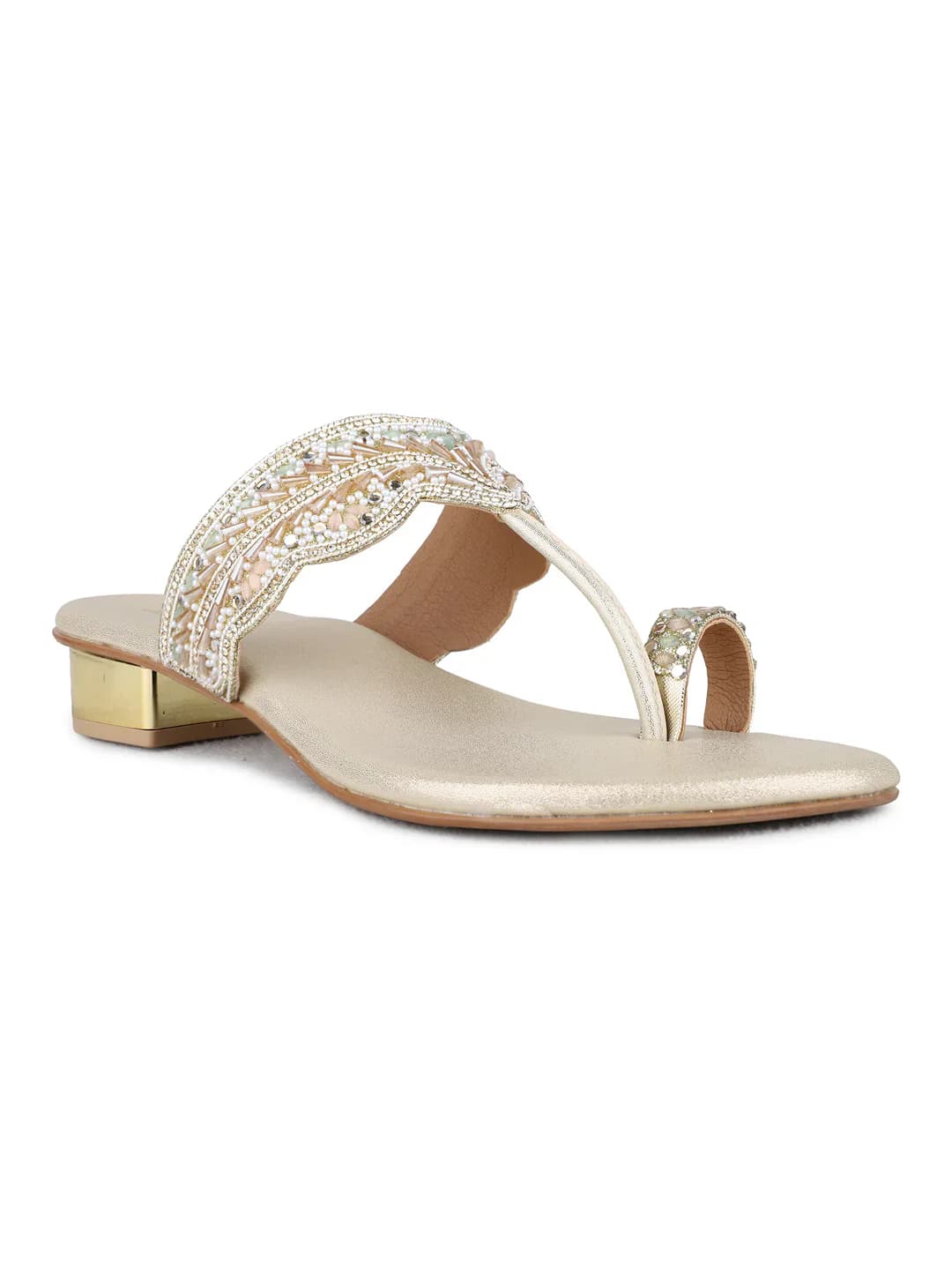 Women's Gold Traditional Round Toe Printed Toe Ring Sandals