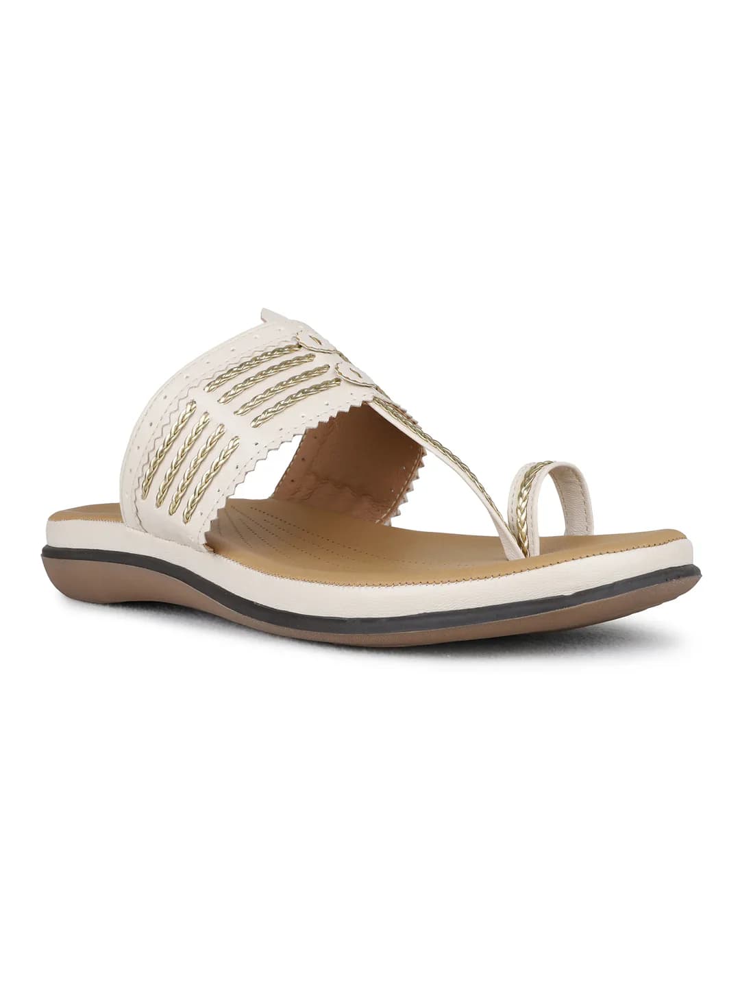 Women's Cream Traditional Round Toe Printed Toe Ring Sandals