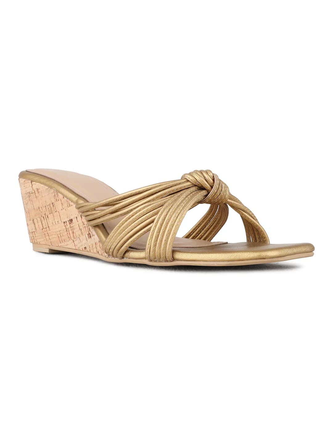 Women's Gold Casual Square Toe Striped Wedges Sandals